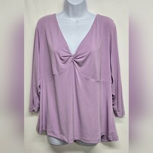 Mix It 3X Pullover Slinky Stretch Knit Top  Twist Front V Neck 3/4 Sleeve Orchid